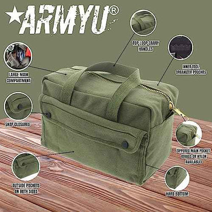 ARMYU Heavy Duty Small Tool Bag Tactical Cotton Canvas Mechanics Bag, 11" x 7" x 6", Olive - Brass Zipper