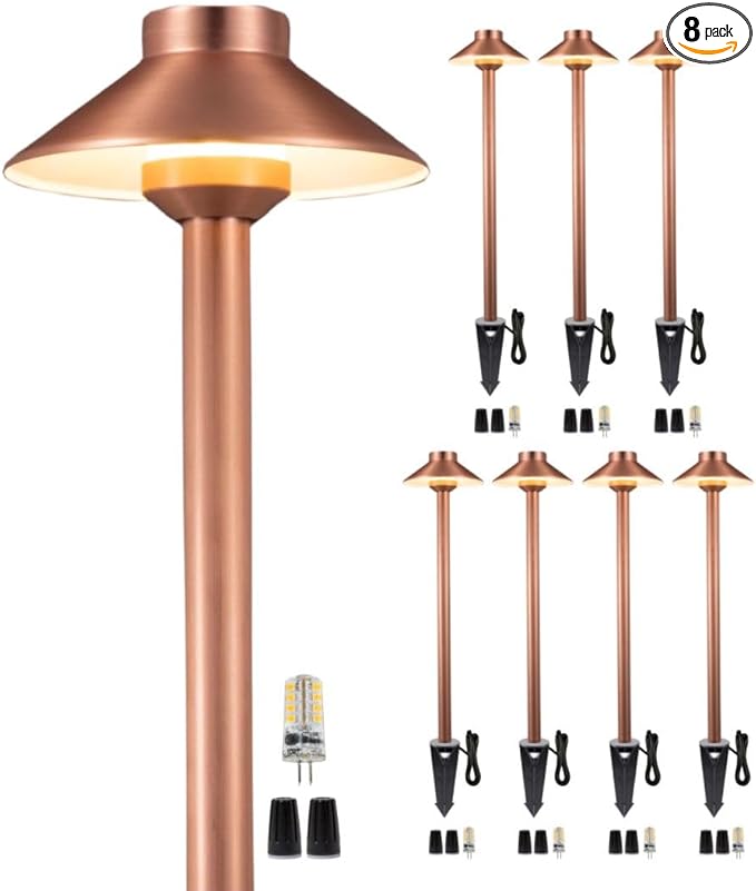 Gardenreet Brass Low Voltage Copper Garden Lights, Outdoor Pathway Light, 12V LED AC/DC Bronze Hat Top Path Lamp for Sideway House Walkway with 3W 270LM 4000K G4 Bulb 8 Pack