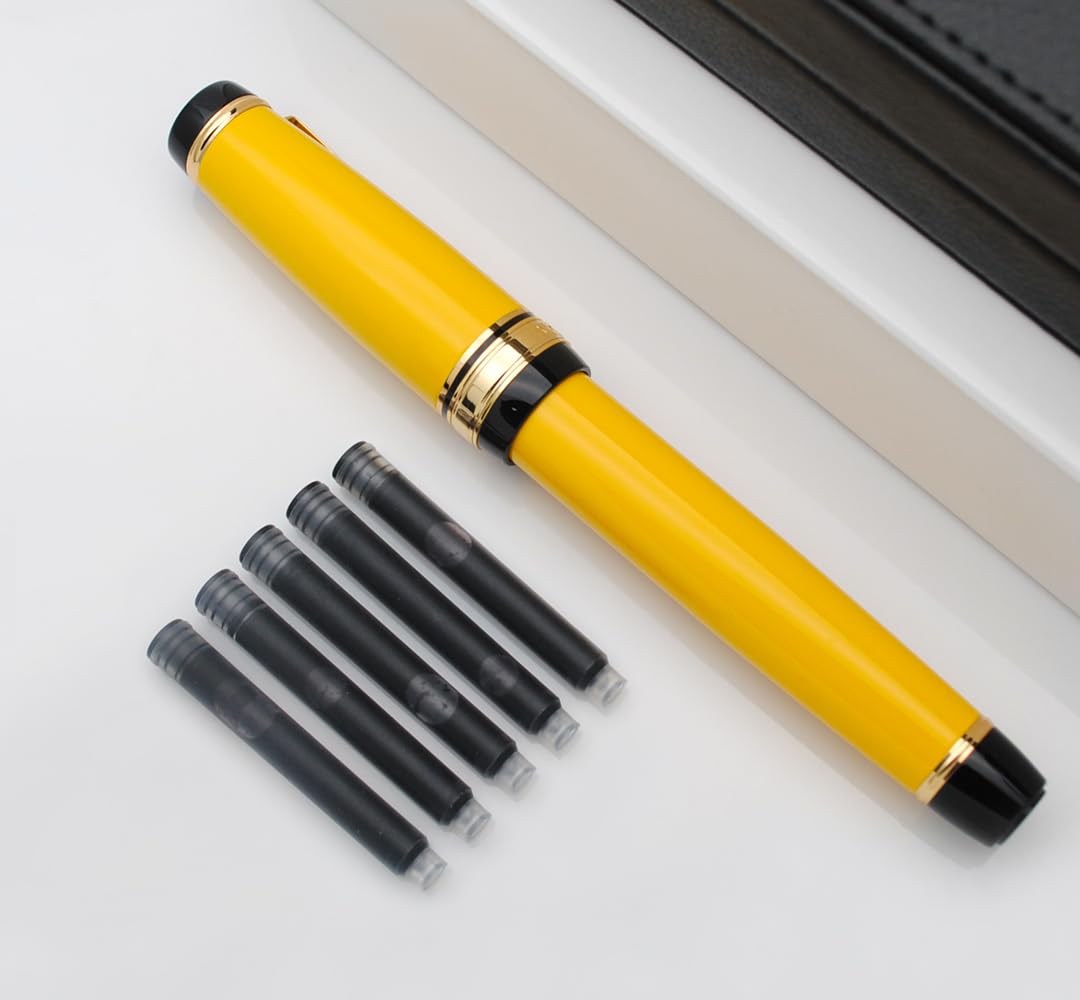 xixixiaozhu Metal Big Fountain Pen Set Medium Nib 0.7mm, Includes Ink Refill Converter, 5 Ink Cartridges & Gift Box (Medium Nib 0.7mm, Yellow)
