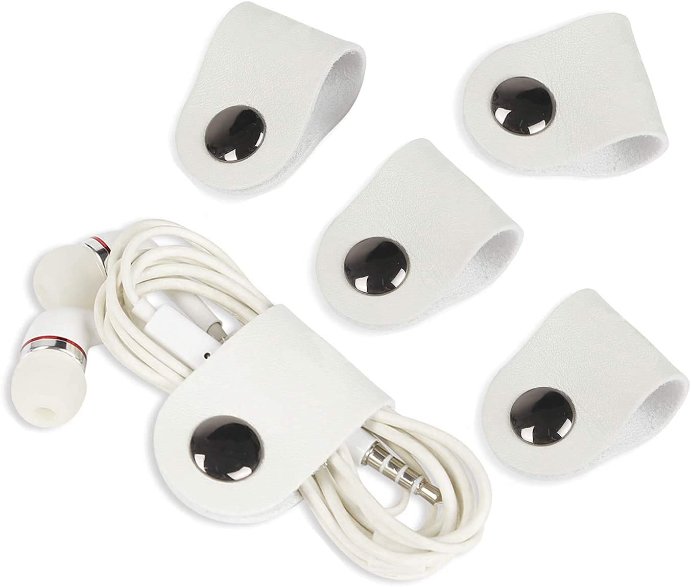 Seabaras Genuine Leather Cord Organizer,Cord Keeper,Cable Organizer USB Holder,Cable Management,Cable Straps,Earbud case,wrap Headphone,Headset Winder,Phone Earphone Cable Ties (Set of 5) (White)