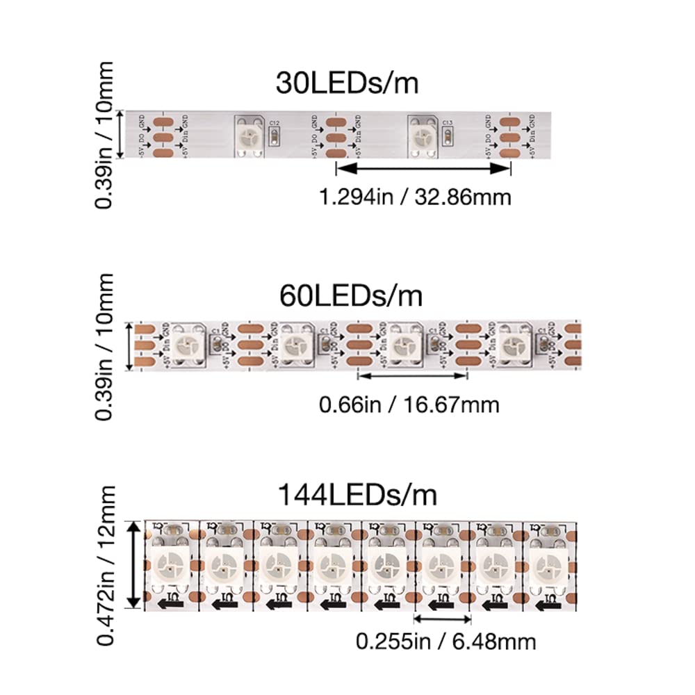 WS2812B LED Strip Individual Addressable Light WS2811 IC WS2812 60Pixels/m SMD 5050 RGB Pixel Strip DC5V (16.4FT 300LEDS Non-Waterproof, White PCB)