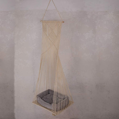 Sdjazl Macrame Hanging Cat Hammock Bed Cat Swing House Space Saving Window Perch with Washed Cotton Cats Toy Tassel Basket Tapestry (Beige, Swing Bed+Cushion)