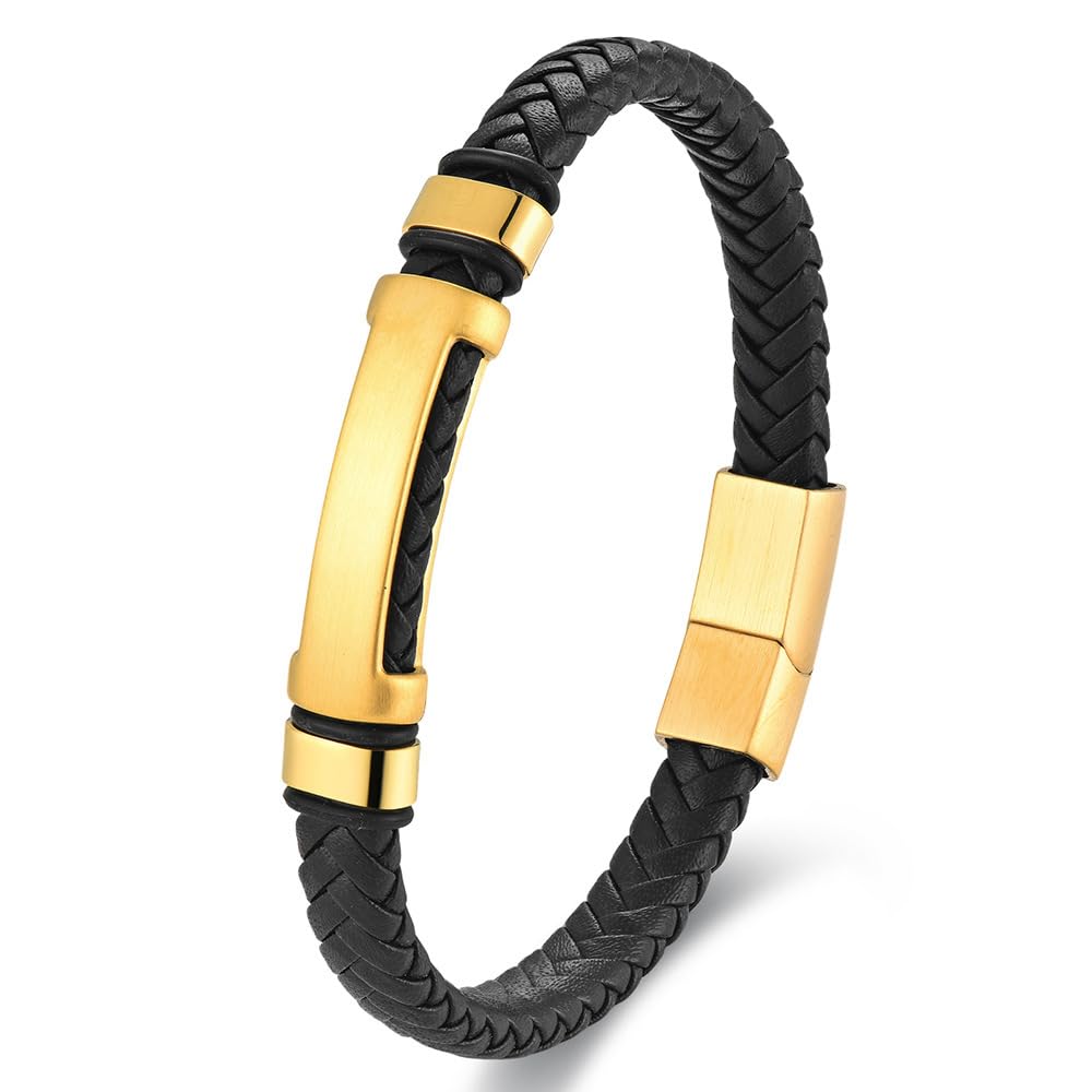 MYNENEY Stainless steel tiger eye stone cuff leather bracelet with bead, hand woven double-layer men's bracelet (Brand-Gold, 9, Inches)