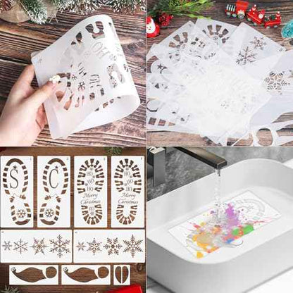 DIYASY 9 Pcs Christmas Santa Footprint Stencils, Reusable Snowflake Stencils for Painting Large Crafts Stencil Elf Foot Print Templates Holiday Xmas Decorations