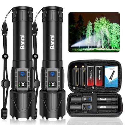 Banral Rechargeable Tactical Flashlights High Lumens - 5000mAh Super Bright LED Powerful Flash Light, Waterproof Handheld USB C Flashlight for Home,Car,Camping,Emergencies,5 Modes,Zoomable (2, Black)