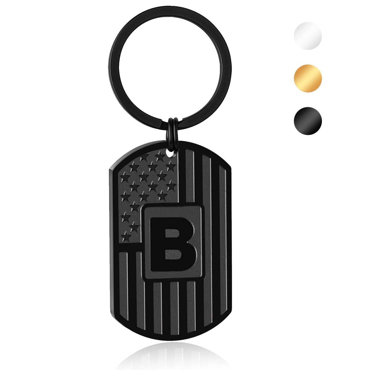 Miss Chipmunk Initial Keychain Gifts for Men,A-Z Letter American Flag Dog Tag Stainless Steel Keychain,Mens Accessories Gift (Black, Letter B)