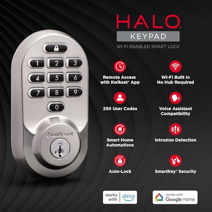 Kwikset Halo Wi-Fi Smart Lock, Keyless Entry Door Deadbolt, Geofence Auto-Unlock, Grade AAA Certified, No Hub Easy Install, Satin Nickel Lifetime Finish Warranty, Backlit Keypad