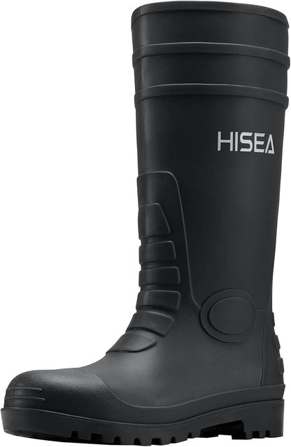 HISEA Men's Steel Toe Rain Boots - Waterproof PVC Rubber Outdoor Work Boots | Durable Slip-Resistant Knee Design