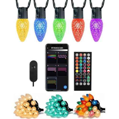 HIITEN Bluetooth C9 Christmas Lights Outdoor 39FT 50LEDs, DIY Chasing Effects Smart LED Christmas Lighting, APP Remote Controlled Extendable Color Changing Xmas Light with Timer Music Sync