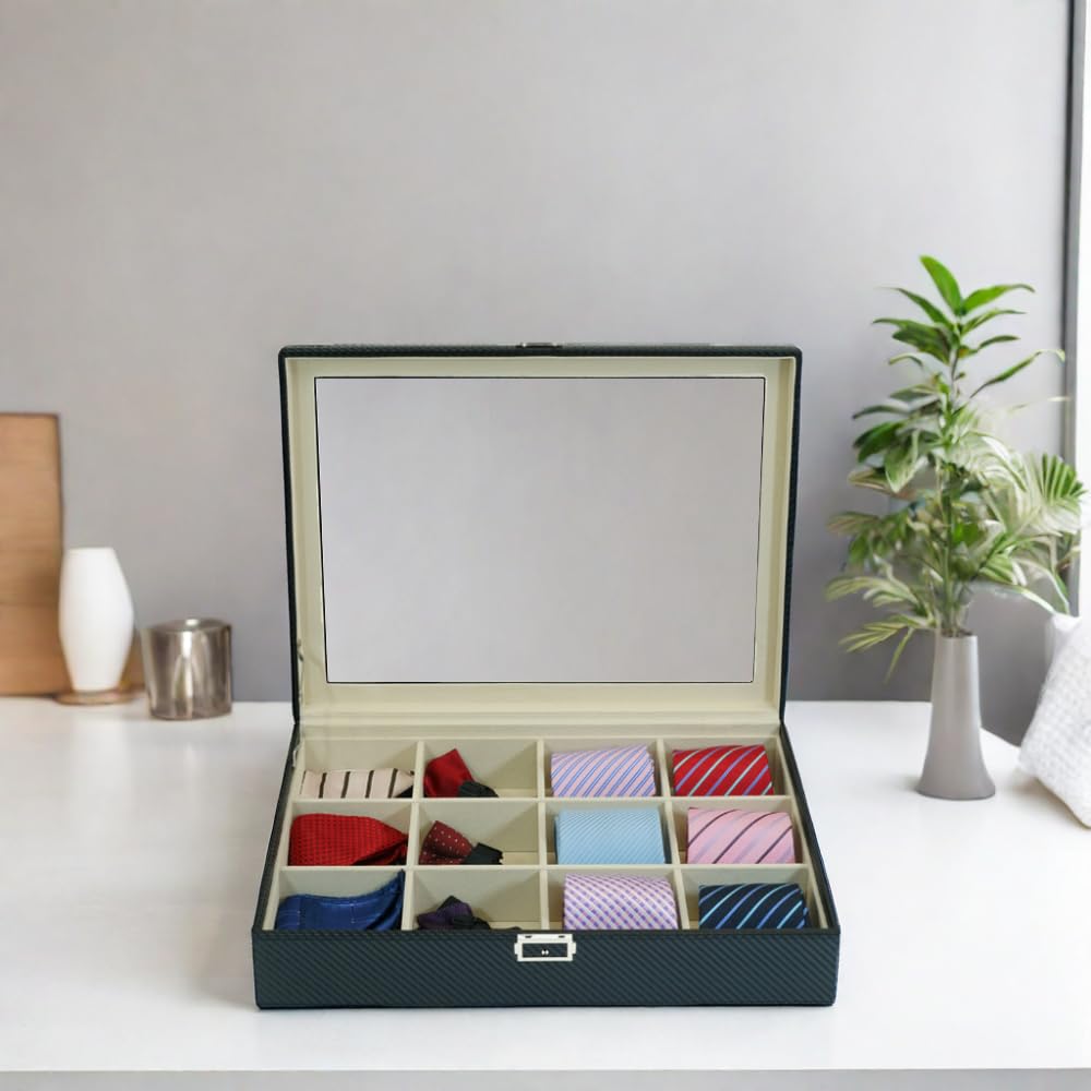 TIMELYBUYS Tie Display Case for 12 Ties, Belts, and Men's Accessories Black Carbon Fiber Storage Box Father's Day