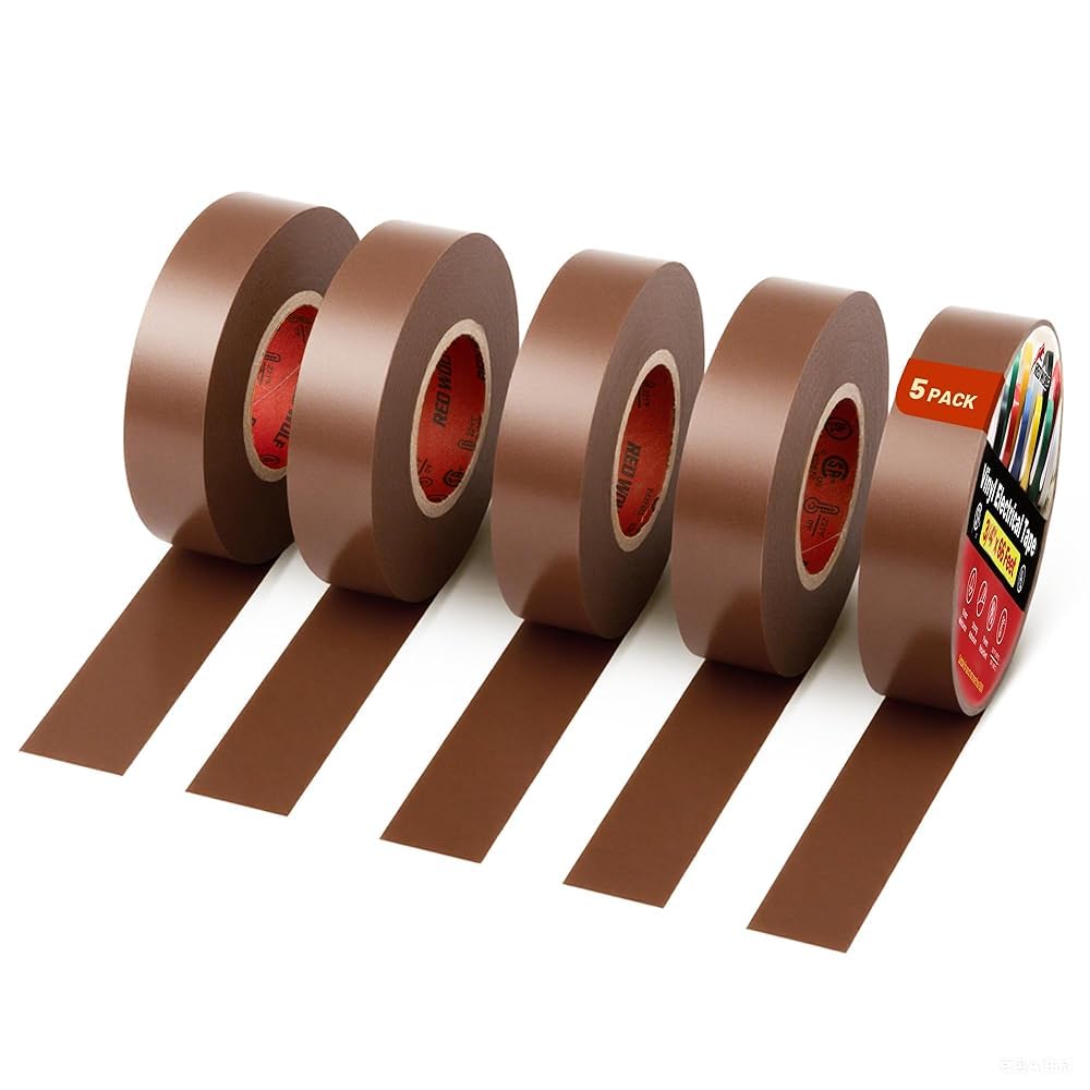 RED WOLF 5 Pack Brown Electrical Tape 3/4 Inch x 66 Ft Industrial Grade UL/CSA Listed 7 Mil Thick Flame Retardant High Temp Waterproof Electrical PVC Tape Electric Super Vinyl Rated 600V