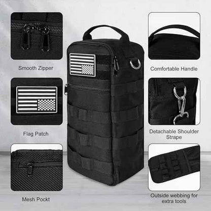 Portable Small Tool Bag, Heavy Duty Tool Pouch Bag with Shoulder Strap and D-ring Clip, Durable Waterproof Multiple Pockets Tool Hand Bag for Electricians, Carpenters, HVAC Technicians (Black)