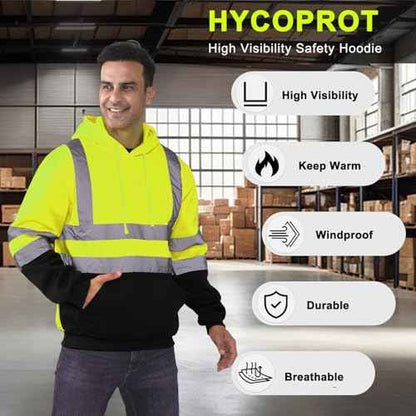 HYCOPROT High Visibility Sweatshirt ANSI Class 3 Reflective Safety Hoodie Hi Vis Hooded Pullover with Black Bottom¡¦