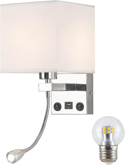 Sconces Wall Lighting Hardwired Modern Wall Lights for Bedroom with USB Port and Reading Lamp, Bedside Wall Lamps for Hotel, Living Room, Office (Silver)