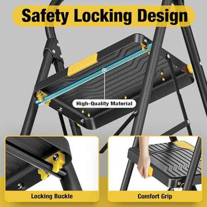 4 Step Ladder, Heavy-Duty Pass 800lb Capacity Test, Wide Anti-Slip Steps & Secure Handrail Compact, Folding Step Stool Portable Design for Home, Kitchen, Office, Pantry, Closet Use, Black