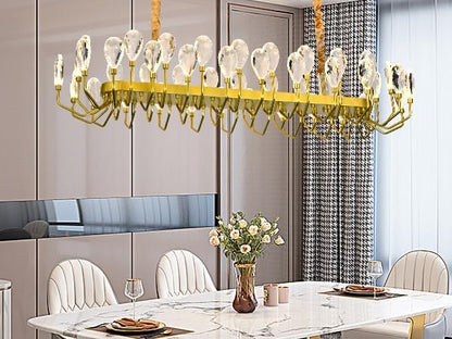 Modern Crystal Chandelier for Dining Room, Luxury Gold Rectangular Crystal LED Chandelier, Farmhouse Adjustable Pendant Ceiling Light for Living Room Kitchen Island L47.25