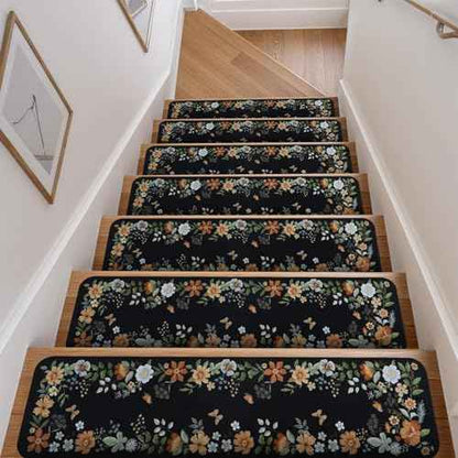 OJIA Floral Stair Treads Non-Slip Carpet Stair Treads for Wooden Steps Indoor 15PCS 30"x8" Stair Runner Stair Mats Staircase Step Treads for Kids, Elders and Dogs, Stair Covers, Black