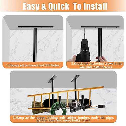 Sinoer Garage Storage Hooks Rack Ceiling,Wall Mounted Hooks, Heavy Duty Utility Hanger for Ladder,Hose Pipe,Wood, Tools & Other Bulky Items (2 Pack, Black)