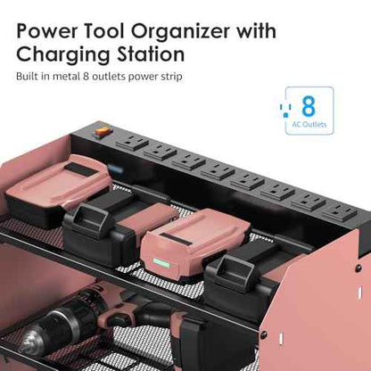 CCCEI Modular Power Tool Organizer Wall Mount with Charging Station. Garage Drill Storage Shelf with Hooks, Heavy Duty Rack, Tool Battery Holder Built in 8 Outlet. Gift for Men. Pink, 1 Pack.