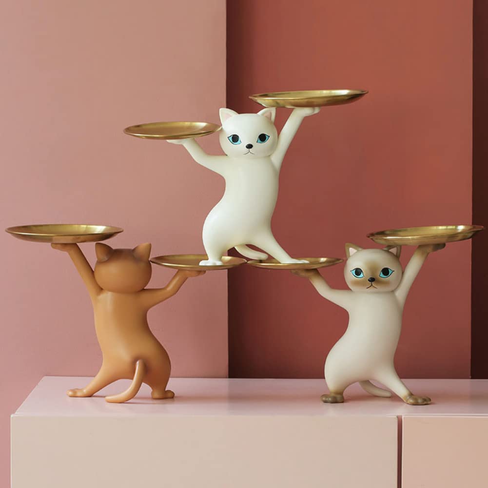 Slowtee Resin Cat Decorative Tray Figurine, Enchanting Dancing Funny Statue for Home/Bedroom/Office Entrance Table Decor, Sculpture for Candy/Snacks/Key/Gadgets Storage (Brown)