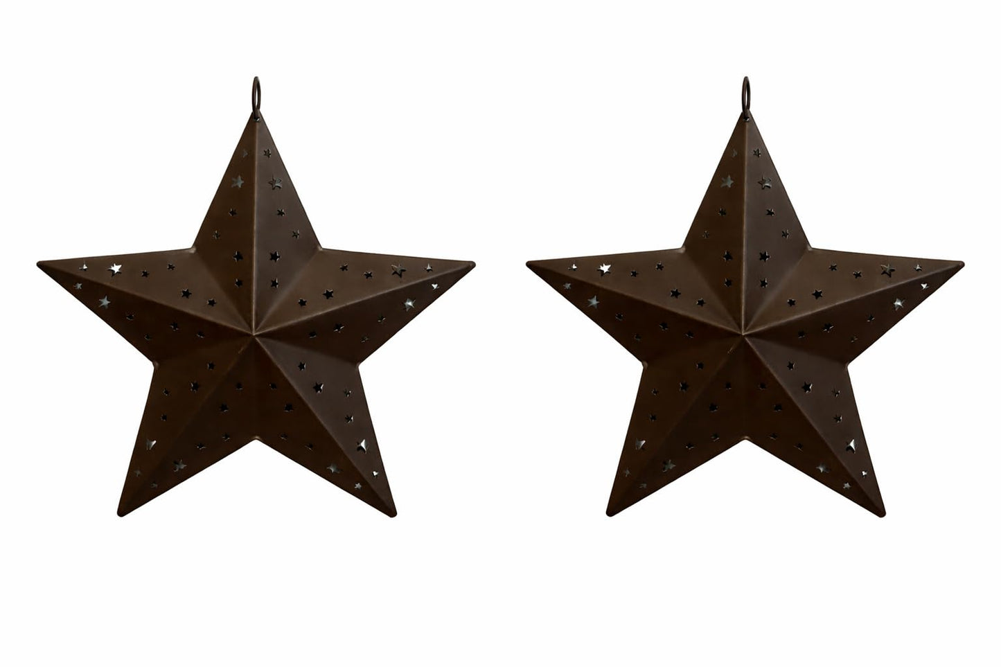 HAPPY DEALS ~ Rustic Metal Star Wall Decor Set of 2 with Punched Star Cutouts, 8 Inches, Brown