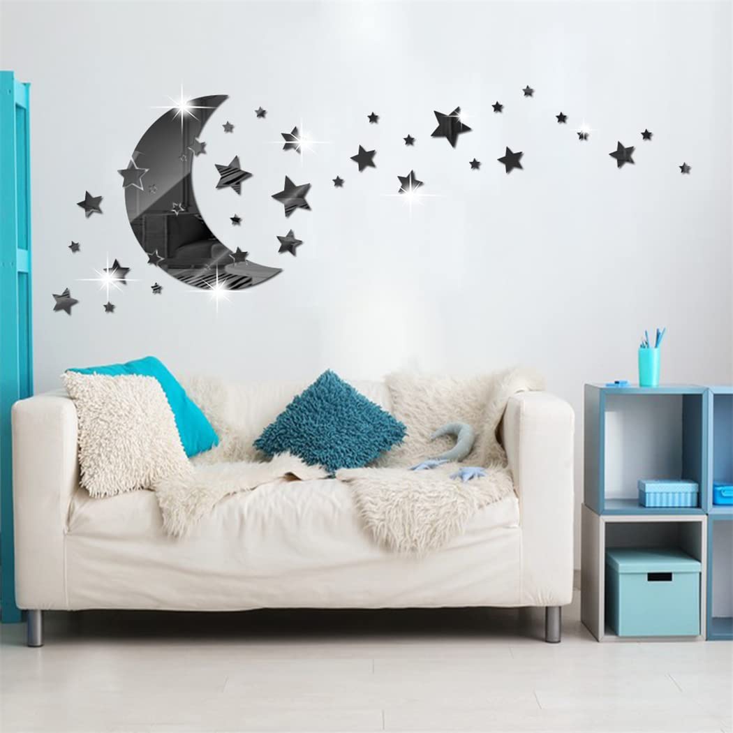 Moon Star Mirror Wall Stickers, 146 PCS Stars & Crescent Moon, 3D Art Decals for Baby Kid Bedroom & Living Room (Black)