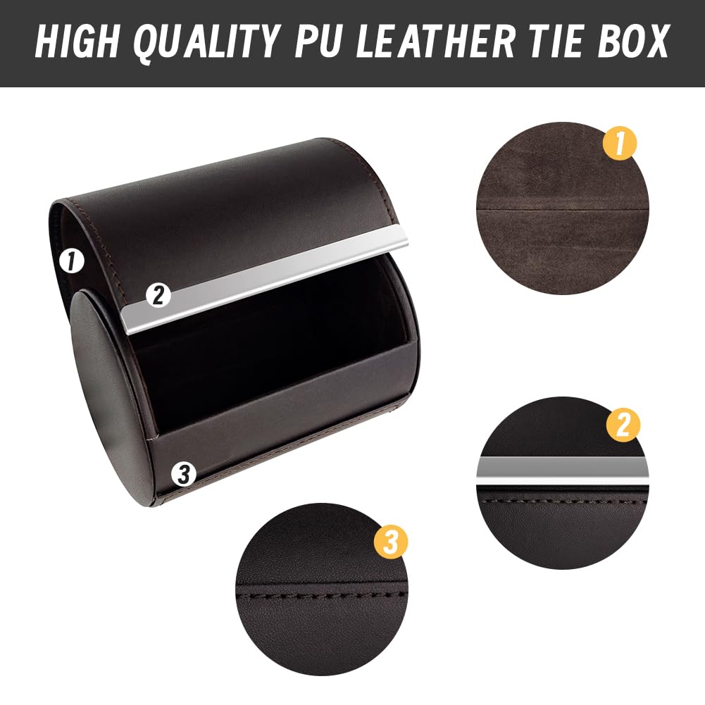 Tie Box Travel Case Men's Necktie Gift Box Cylinder Shape Anti-Wrinkle Storage Business Gift Bow Tie Packaging (3.1"x4.3", Coffee)