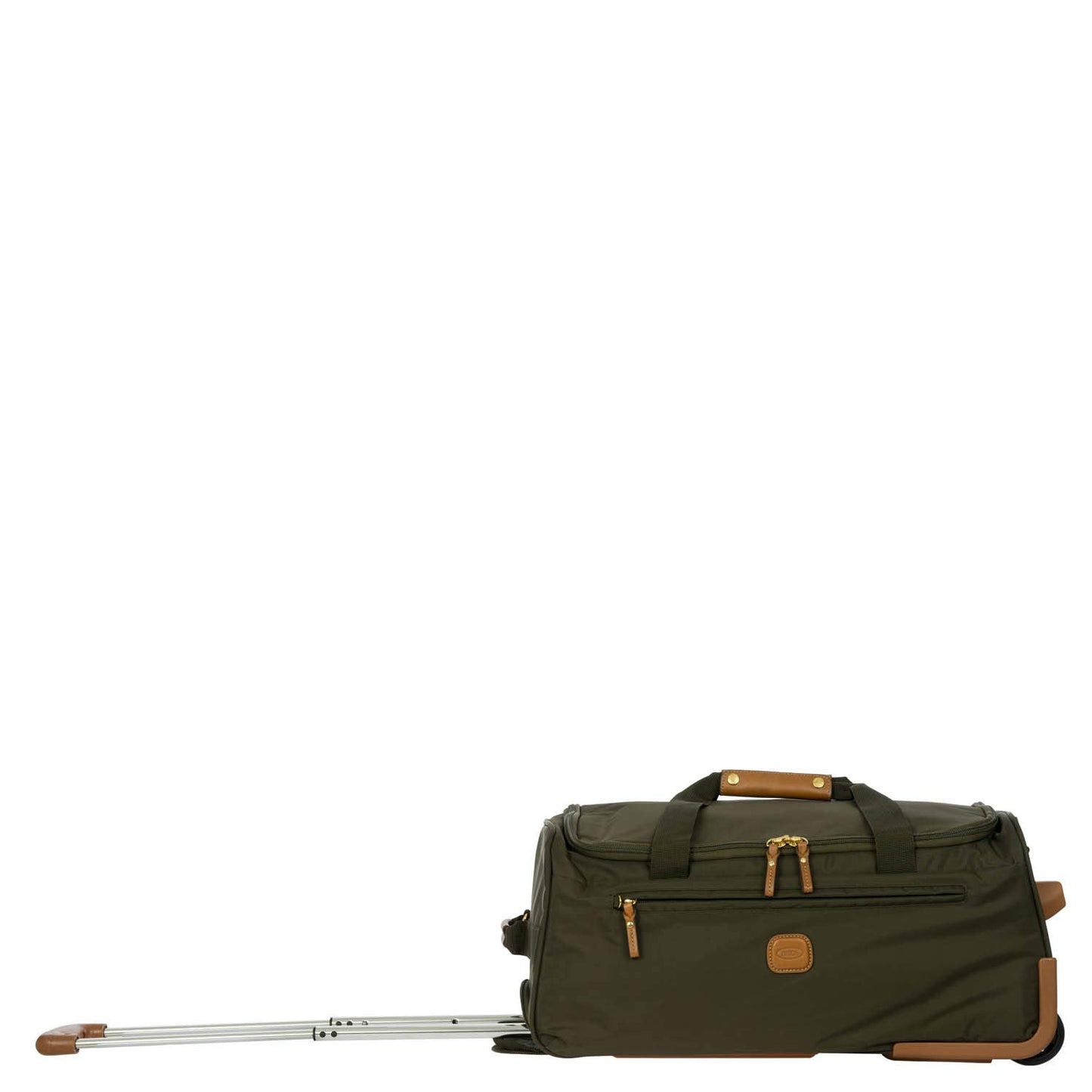 Bric’s X-Bag 21” Rolling Duffel – Water-Resistant Recycled Nylon Carry-On with Silent Wheels, Leather Details, Exterior Zipped Pocket, Garment Straps & Detachable Shoulder Strap – Olive