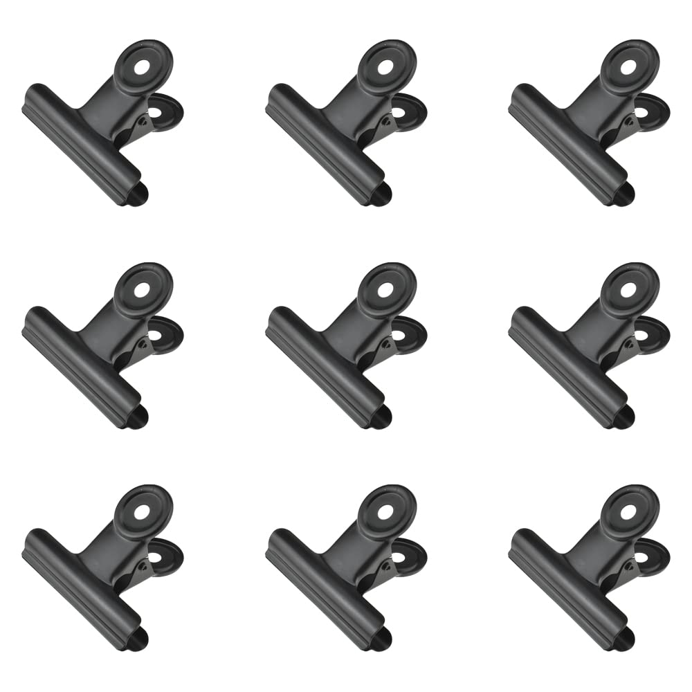 HAHIYO 2.5inch Black Bulldog Clips Metal File Hinge Binder Clips Clamps Save Space Strong Spring Jaws Rock Solid Grip Book Lay Flat Deburred Edge for Hang Photos Wall Grid Dog Food 9PCS