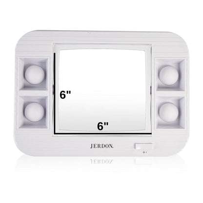 JERDON Two-Sided Makeup Mirror with Lights - Vanity Mirror with 5X Magnification & Two Setting Glare-Free Lighting - White Base - Model J1015