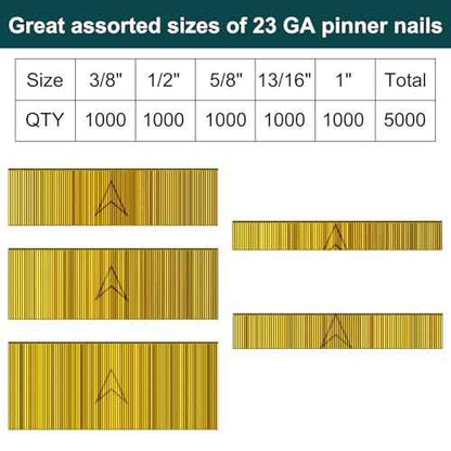 23 Gauge Pin Nails Headless Pinner Nails for 23 GA Pneumatic & Electric Pinners or Pin Nailer or Pin Nail Gun, Great for Fine Woodworking & Trim Jobs (3/8"+1/2"+5/8"+13/16"+1"-5000PCS)