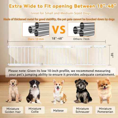 10" Height Short Dog Gate Adjustable18-48" Extra Wide Dog Gate with Small Cat Door,Pet Gate with 4 Extension Kits Pressure Mounted for Doorways & Stairs (White, 10" Height)