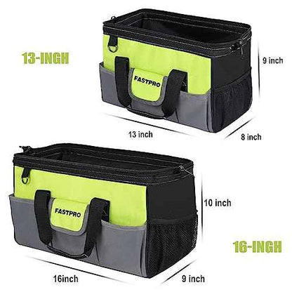 FASTPRO 2-Piece Tool bags, 13-inch & 16-inch Wide Mouth Tool Storage Bags included, Multi-pocket Tool Organizer with Adjustable Shoulder Strap