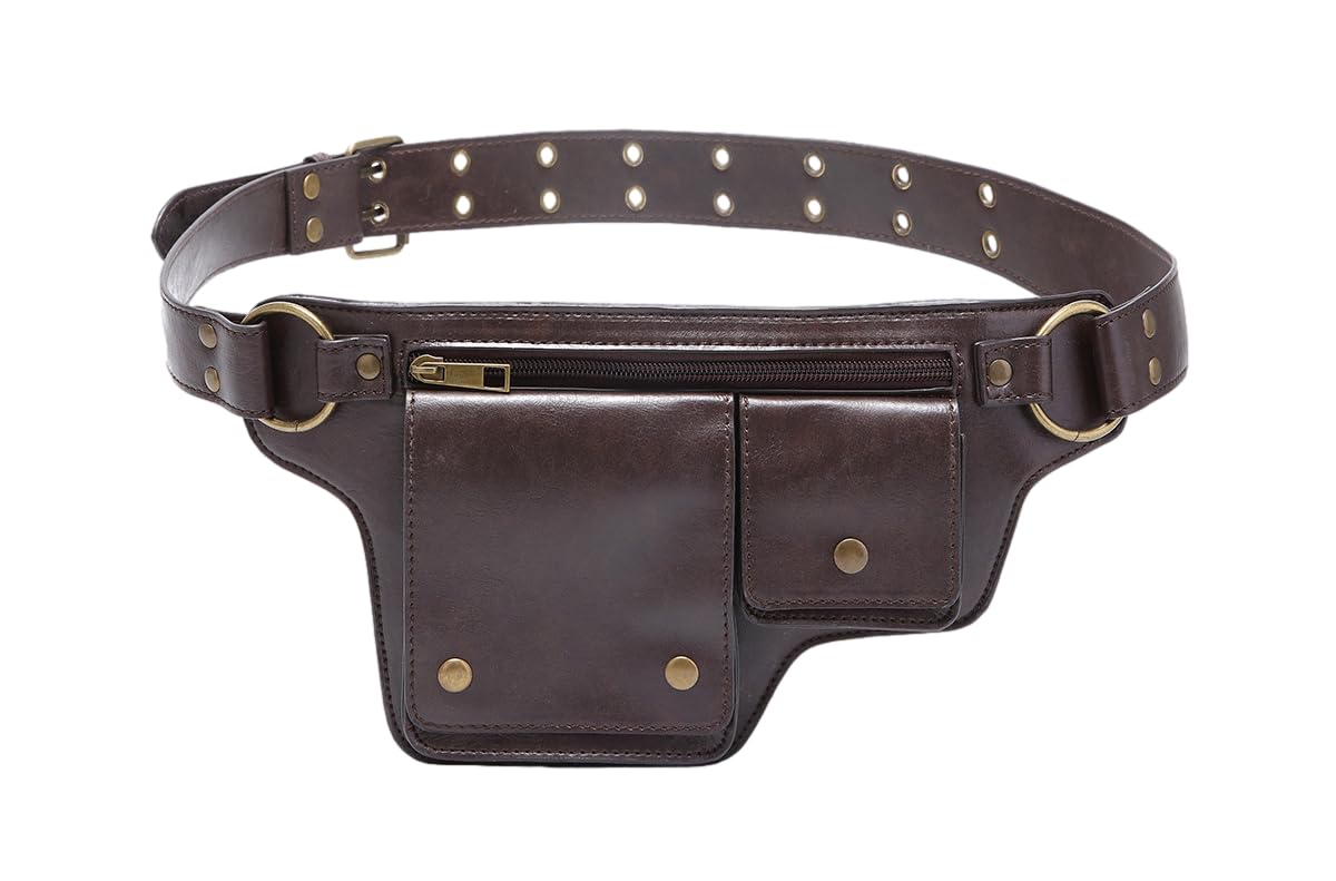 GK-O Steampunk PU Leather Hip Belt Bag for Men Women Vintage Motorcycle Waist Bag with Adjustable Strap Medieval Cosplay Utility Fanny Pack (Dark Brown)