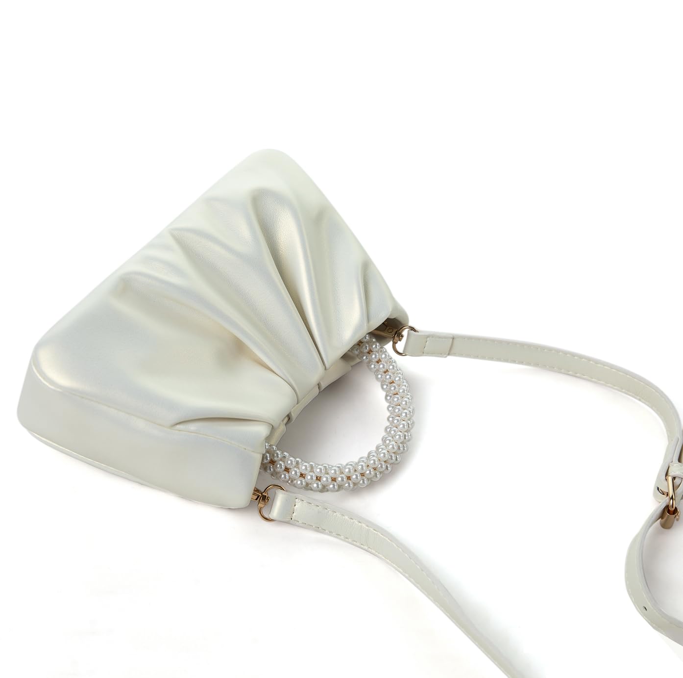 Beatfull Evening Purse Women Small Pearl Handbags Soft Leather Ruched Bag Wedding Bridal Clutch Party Prom Crossbody Purses White