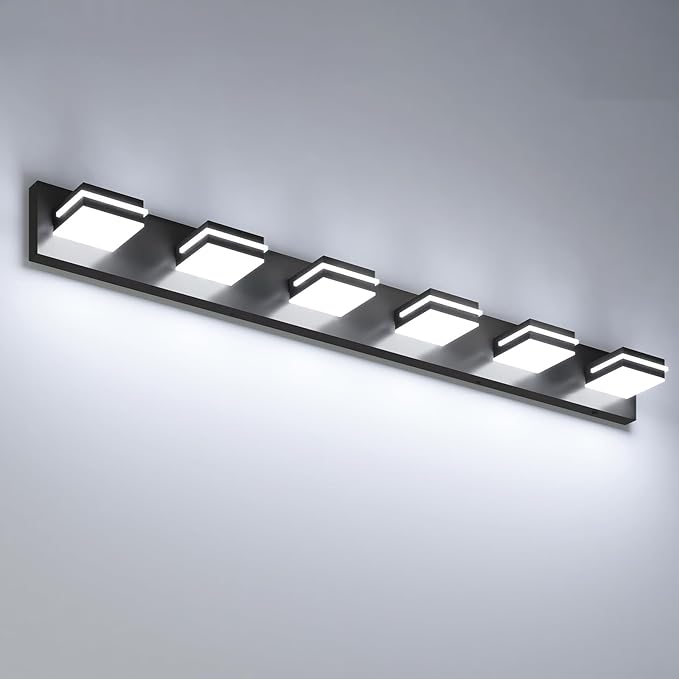VOLISUN Modern Bathroom Vanity Light Fixtures (6-Light, 48-Inch), Matte Black LED Bathroom Lighting Fixtures Over Mirror, 360°Rotatable Head, LED Vanity Lights for Bathrooms (Cool White 6000K)