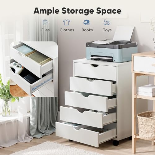 OLIXIS 5 Drawer Mobile File Cabinet Under Desk Storage Organization with Wheels Vertical Filing Chest Rolling Wood Small Desk Printer Stand for Home Office, 15.75"D x 18.74"W x 25.39"H, White