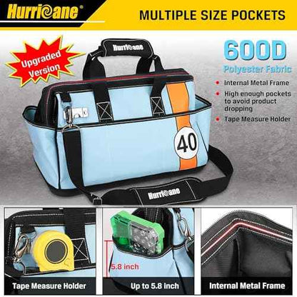 HURRICANE 16 inch Wide Mouth Tool Bag with Water Proof Molded Base with Extra Shoulder Strap, Racing theme-Blue, Multi Pockets, Large Inner Space