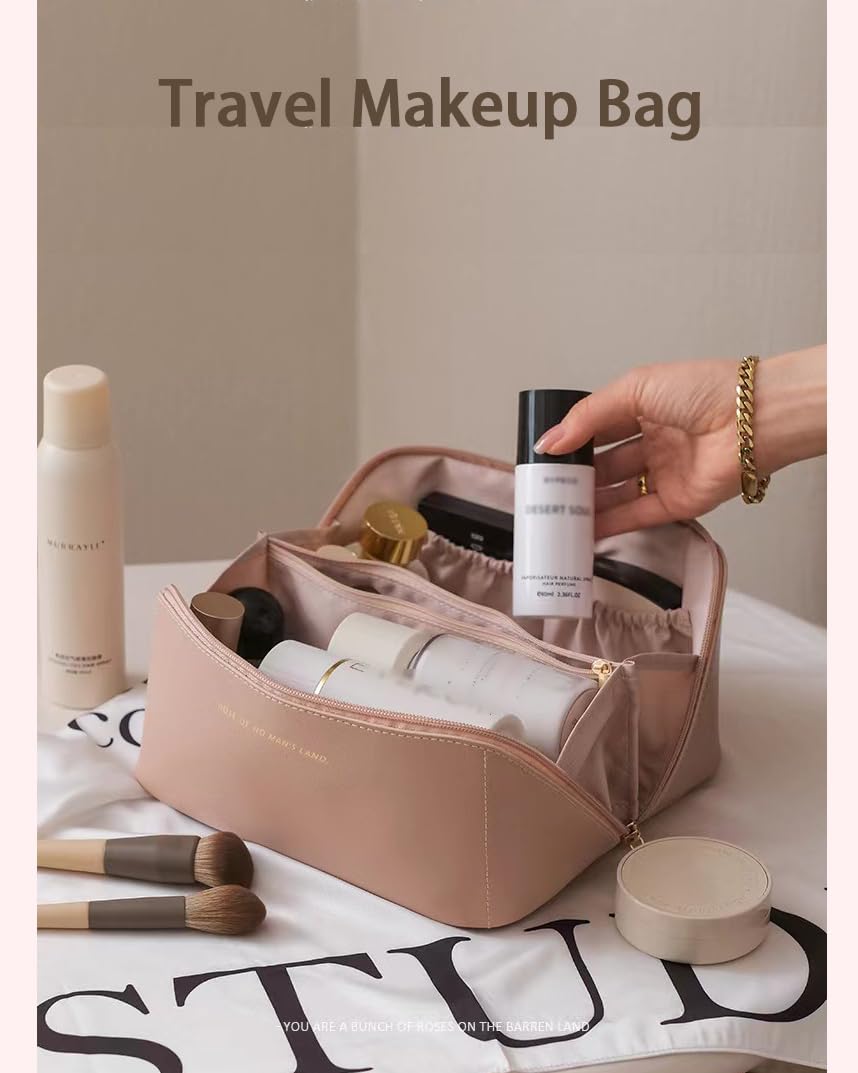 Travel Makeup Bag for Women, Large Capacity PU Leather Toiletry Bag with Multiple Compartments, Waterproof Cosmetic Organizer with Handle, Portable Travel Pouch for Skincare, Rose Pink