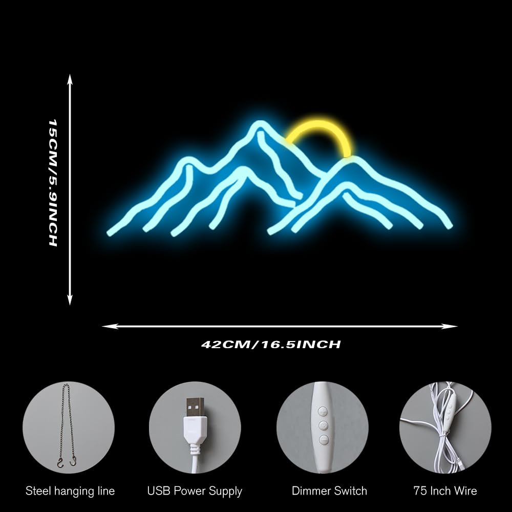 Mountain Sunset Neon Signs for Room Decor LED Signs For Bedroom Wall Neon Lights for Home Party Wedding Christmas Decorations USB Powered(Ice Blue)