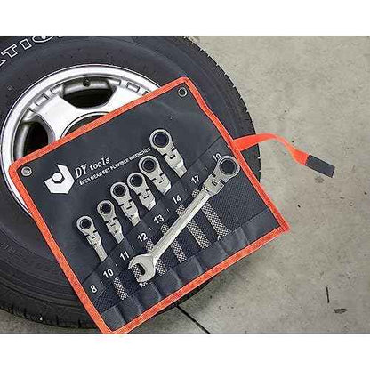 8 Piece Flex-Head Ratcheting Combination Wrench Set, 8-19mm Metric Chrome Vanadium Steel Spanner, Gear Ring Ratchet Wrenches with Rolling Pouch