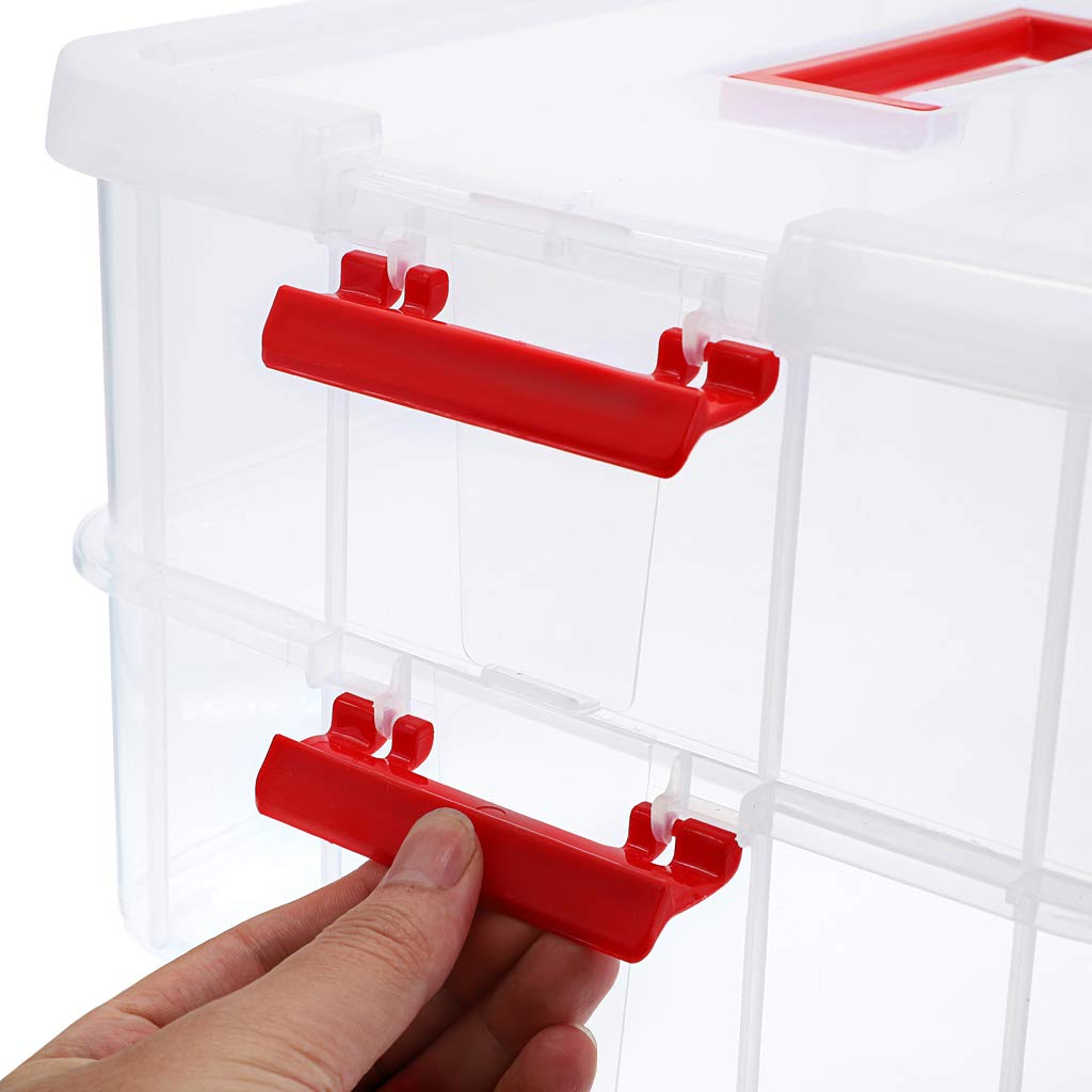 JUXYES 2-Tiers Stack Carry Storage Box With Handle, Transparent Stackable Storage Bin With Handle Lid Latching Storage Container for School & Office Supplies (Red)