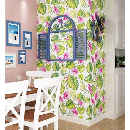 LACHEERY Tropical Palm Leaf Peel and Stick Wallpaper 17.7" x 6.8ft Removable White Green Pink Contact Paper Decorative Self Adhesive Floral Wallpaper for Bedroom Walls Shelf Drawer Liner Nightstand