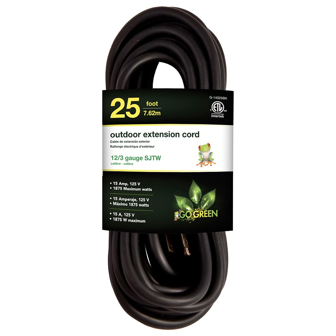 Go Green Power Inc. (G-14025BK) 12/3 SJTW Outdoor Extension Cord, Black, 25 ft