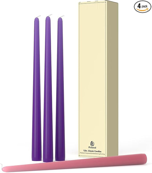 12-Inch Tall Dripless Advent Candles Set of 4, Tapered Candles, Perfect for Christmas - Smokeless, Unscented, Long Burning - Hand Poured, Colored Tall Candlesticks - Pink and Purple