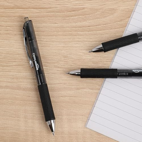 Amazon Basics Retractable Gel Pens, Fine Point 0.7mm, Smooth Writing, Black, No Smudge, School and Office Supplies, 12-Pack