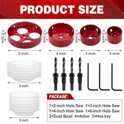 Blulu 4 Set 2/3/4/6 Inch Hole Saw for Recessed Lights and Can Lights, Bi-Metal with Dust Bowl Gard Carbide Hole Saw Set with Drill Bits for Wood, Plywood, Plaster Drywall, PVC, Thin Metal