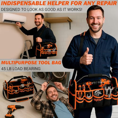 16 Inch Electrician Tool Bag, 26 Pockets Foldable Open Top Tool Bag Organizer with Handle & Padded Adjustable Strap, Heavy Duty Construction, Waterproof