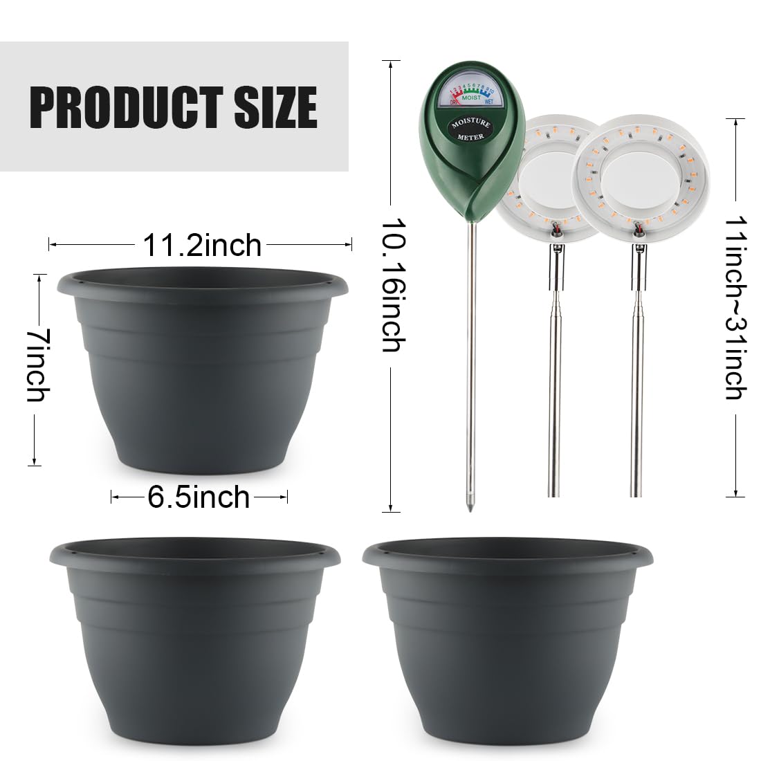 RooTrimmer 2 Pack 11 Inch Plant Pots with LED Grow Light,Full Spectrum Indoor Planter Kit with Soil Moisture Meter & Drainage System,Modern Flower Pots for Home Office Plants