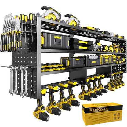 49" W Large Power Tool Organizer Wall Mount, 4 Layer Heavy Duty Metal Tool Storage Rack with 12 Drills Holder, Utility Racks for Garage Workshop, Ideal Garage Organization